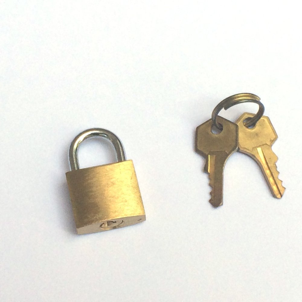 3/4" wide gold brass metal padlock with key for storage or travel with 2 keys